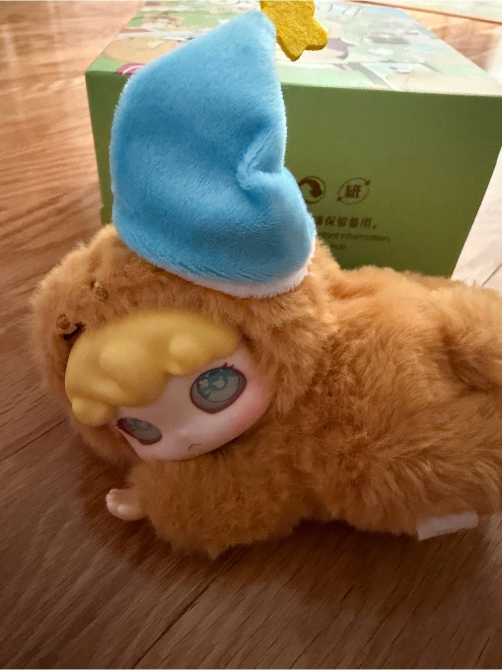 Plush Small Pet Toy in Tan Fur with Blue Hat